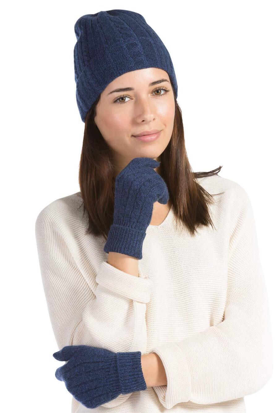 5847 100% Pure Cashmere Hat & Glove Set with Exquisite Box Heather Navy